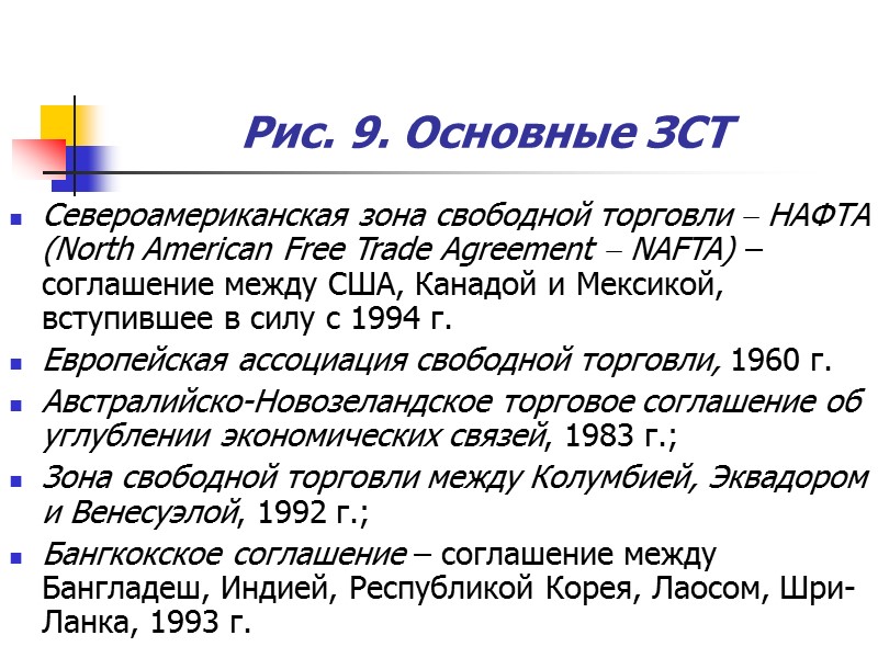 Рис. 9. Основные ЗСТ Североамериканская зона свободной торговли  НАФТА (North American Free Trade